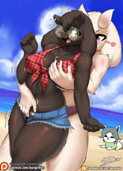 Size: 1500x2080 | Tagged: suggestive, artist:burgerkiss, ralsei (deltarune), toriel (undertale), bovid, cat, feline, fictional species, goat, mammal, temmie (undertale), anthro, feral, deltarune, undertale, anthro/anthro, beach, belly button, black body, black fur, blushing, bottomwear, breast grab, breasts, clothes, ears, eyebrows, eyelashes, female, female/female, fluff, fur, glasses, green eyes, grope, half r63 shipping, hands, heart, horns, looking back, love heart, ocean, one eye closed, open mouth, purple eyes, round glasses, rule 63, shipping, shoulder fluff, slightly chubby, sweat, thick thighs, thighs, tongue, topwear, water, white body, white fur