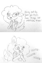 Size: 1270x1920 | Tagged: safe, artist:tjpones, winnie werewolf (scooby-doo), canine, fictional species, mammal, werewolf, anthro, hanna-barbera, scooby-doo (franchise), scooby-doo and the ghoul school, 2018, behaving like a dog, bone, carnivore, clothes, comic, dialogue, ear fluff, ears down, fangs, female, fluff, grayscale, heart, heart eyes, holding object, monochrome, open mouth, sharp teeth, shirt, smiling, solo, solo female, sweat, tail, tail wag, talking, teeth, topwear, traditional art, wingding eyes