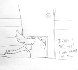 Size: 1280x1149 | Tagged: safe, artist:tjpones, winnie werewolf (scooby-doo), canine, fictional species, mammal, werewolf, anthro, hanna-barbera, scooby-doo (franchise), scooby-doo and the ghoul school, behaving like a dog, big butt, building, butt, dialogue, door, doorknob, female, grayscale, lying down, monochrome, outdoors, paw pads, paws, pet door, prone, solo, solo female, stuck, tail, talking, text, toe claws, traditional art, underpaw