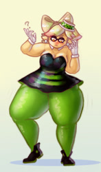 Size: 769x1309 | Tagged: suggestive, artist:ridiculouscake, marie (splatoon), animal humanoid, fictional species, inkling, mammal, mollusk, squid, humanoid, nintendo, splatoon, 2015, blushing, breasts, cleavage, clothes, female, frowning, gloves, question mark, shadow, solo, solo female, tentacle hair, tentacles, thick thighs, thighs