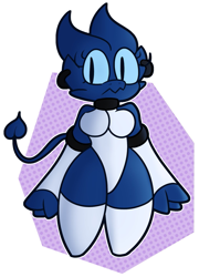 Size: 1109x1537 | Tagged: safe, artist:cantielabs, oc, oc:cantie (cantielabs), demon, fictional species, imp, anthro, arm sleeves, blue sclera, breasts, choker, clothes, colored sclera, devil tail, female, legwear, leotard, looking at you, slit pupils, solo, solo female, stockings, tail, thick thighs, thighs, wide hips