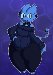 Size: 1366x1918 | Tagged: safe, artist:cantielabs, oc, oc only, oc:cantie (cantielabs), demon, fictional species, imp, anthro, barefoot, blue sclera, bottomwear, clothes, collar, colored sclera, devil tail, female, hand on abdomen, looking at you, pants, pet tag, piercing, shoulderless, slightly chubby, slit pupils, smiling, solo, solo female, sweater, tail, tail piercing, thick thighs, thighs, topwear
