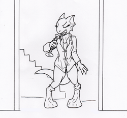 Size: 1134x1054 | Tagged: safe, artist:kuroneko, quill-weave (the elder scrolls), argonian, fictional species, reptile, anthro, digitigrade anthro, prequel (webcomic), the elder scrolls, clothes, eyes closed, female, monochrome, raised tail, risky business, singing, socks, solo, solo female, tail, traditional art