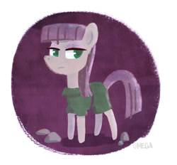 Size: 656x608 | Tagged: safe, artist:yikomega, maud pie (mlp), earth pony, equine, fictional species, mammal, pony, feral, friendship is magic, hasbro, my little pony, 2014, female, looking at you, purple background, rock, sideways glance, simple background, solo, solo female, standing