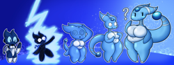 Size: 4096x1543 | Tagged: suggestive, artist:cantielabs, oc, oc only, oc:cantie (cantielabs), ampharos, demon, fictional species, imp, mammal, anthro, nintendo, pokémon, arm sleeves, belly button, blue sclera, blushing, breast grab, breasts, cell phone, clothes, colored sclera, confused, devil tail, dot eyes, fat, female, gem, hand on breast, hand on head, horns, huge breasts, legwear, leotard, lightning, nudity, open mouth, overweight, phone, question mark, raised arm, self grope, shrunken pupils, slit pupils, smartphone, solo, solo female, sparkles, stockings, swirly eyes, tail, transformation, transformation sequence