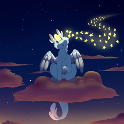 Size: 1024x1024 | Tagged: safe, artist:sonaartist, oc, oc only, oc:jasper jay (sonaartist), dragon, feathered dragon, fictional species, feral, chest fluff, cloud, dot eyes, feathers, fluff, looking up, male, night, night sky, on a cloud, open mouth, raised paw, sitting, sky, solo, solo male, stars, tail