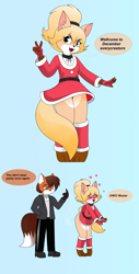 Size: 2912x5720 | Tagged: suggestive, artist:pencil bolt, oc, oc only, oc:karmi (pencil bolt), canine, fox, mammal, anthro, assisted exposure, belt, blue background, blushing, bottomless, bottomwear, christmas, clothes, collar, comic, dialogue, dress, duo, embarrassed, embarrassed nude exposure, eyes closed, fangs, female, fingerless gloves, gesture, gloves, heart, holiday, jacket, leg warmers, legwear, love heart, male, no underwear, nudity, open mouth, pants, partial nudity, peace sign, santa dress, sharp teeth, shirt, shoes, simple background, smiling, speech bubble, tail, talking, teeth, toeless legwear, topwear, vixen