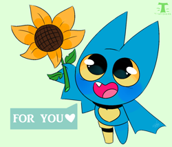 Size: 3523x3000 | Tagged: safe, artist:t-whiskers, adorabat (mao mao), bat, mammal, semi-anthro, cartoon network, mao mao: heroes of pure heart, 2020, bat wings, blush sticker, dialogue, female, flower, green background, heart, high res, open mouth, peg leg, simple background, solo, solo female, speech bubble, sunflower, talking, text, webbed wings, wings