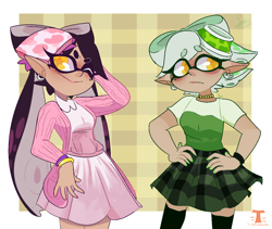 Size: 1280x1080 | Tagged: safe, artist:t-whiskers, callie (splatoon), marie (splatoon), animal humanoid, fictional species, inkling, mammal, mollusk, squid, humanoid, nintendo, splatoon, 2020, abstract background, bottomwear, clothes, duo, duo female, female, legwear, one eye closed, skirt, stockings, tentacle hair, tentacles