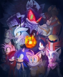 Size: 1024x1249 | Tagged: safe, artist:justasonicfan, amy rose (sonic), blaze the cat (sonic), doctor eggman (sonic), e-123 omega (sonic), knuckles the echidna (sonic), mephiles the dark (sonic), miles "tails" prower (sonic), princess elise (sonic), rouge the bat (sonic), shadow the hedgehog (sonic), silver the hedgehog (sonic), sonic the hedgehog (sonic), bat, canine, cat, feline, fox, hedgehog, human, mammal, red fox, robot, anthro, humanoid, sega, sonic the hedgehog (2006 game), sonic the hedgehog (series), 2020, dipstick tail, female, fluff, male, multiple tails, orange tail, quills, red tail, tail, tail fluff, two tails, white tail
