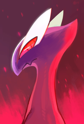 Size: 1992x2936 | Tagged: safe, artist:burnbuckie, fictional species, legendary pokémon, lugia, shadow lugia, shadow pokémon, ambiguous form, nintendo, pokémon, pokémon xd, ambiguous gender, bust, colored sclera, fangs, looking at you, looking back, looking back at you, portrait, red eyes, red sclera, sharp teeth, solo, solo ambiguous, teeth
