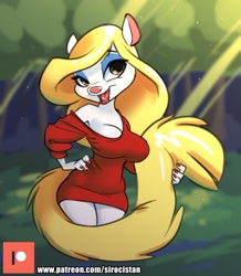 Size: 1683x1929 | Tagged: safe, artist:siroc, minerva mink (animaniacs), mammal, mink, mustelid, anthro, animaniacs, warner brothers, 2020, bedroom eyes, blurred background, bottomwear, breasts, brown eyes, clothes, digital art, dress, eyeshadow, female, fluff, front view, fur, hair, hand on hip, lipstick, looking at you, makeup, open mouth, patreon logo, pink nose, red clothes, red dress, solo, solo female, tail, tail fluff, tongue, white body, white fur, yellow hair