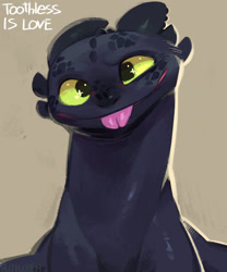 Size: 1034x1243 | Tagged: safe, artist:burnbuckie, toothless (httyd), dragon, fictional species, night fury, western dragon, feral, dreamworks animation, how to train your dragon, bust, colored sclera, horns, male, scales, signature, smiling, solo, solo male, sparkles, tan background, text, tongue, tongue out, wings, yellow sclera