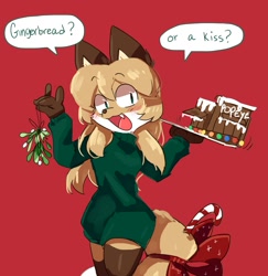 Size: 1349x1390 | Tagged: safe, artist:fiddleafox, oc, oc only, oc:averi (fiddleafox), canine, fox, mammal, anthro, 2020, 2d, blushing, bow, brown body, brown fur, brown hair, candy cane, christmas, clothes, countershading, cute, cute little fangs, dialogue, digital art, english text, fangs, female, flirting, fur, gingerbread house, green clothing, hair, happy, holiday, long hair, looking at you, mistletoe, multicolored hair, open mouth, open smile, pointy ears, red background, simple background, smiling, solo, solo female, speech bubble, standing, sweater, talking, talking to viewer, teeth, text, topwear, vixen, white body, white fur