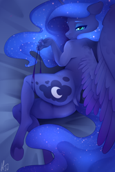 Size: 3744x5616 | Tagged: suggestive, artist:hentwi, princess luna (mlp), alicorn, equine, fictional species, mammal, pony, anthro, unguligrade anthro, friendship is magic, hasbro, my little pony, absurd resolution, anthrofied, bed, blue body, blue eyes, blue fur, butt, clothes, cutie mark, eyebrows, eyelashes, feathered wings, feathers, female, fur, hooves, lidded eyes, lying down, nudity, on side, panties, solo, solo female, underwear, wings