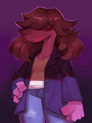 Size: 963x1280 | Tagged: safe, artist:burnbuckie, susie (deltarune), fictional species, monster, reptile, anthro, deltarune, bottomwear, breasts, cleavage, clothes, colored sclera, female, freckles, frowning, gradient background, hand on hip, jacket, jeans, looking at you, pants, shirt, solo, solo female, topwear