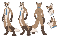 Size: 1146x707 | Tagged: safe, artist:jailbird, fender (fur affinity), oc, oc only, canine, ferret, fox, hybrid, mammal, mustelid, anthro, digitigrade anthro, fur affinity, 2010, black nose, blue eyes, brown body, brown fur, butt, cheek fluff, chest fluff, clothes, cream body, cream fur, featureless crotch, fluff, front view, fur, head fluff, male, mascot, necktie, paws, rear view, reference sheet, side view, simple background, solo, solo male, standing, tail, tan body, tan fur, white background