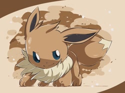 Size: 800x597 | Tagged: safe, artist:mokichi_ttk, eevee, eeveelution, fictional species, mammal, feral, nintendo, pokémon, abstract background, ambiguous gender, brown body, brown fur, digital art, fur, smiling, solo, solo ambiguous