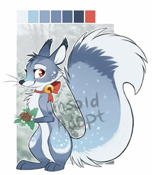 Size: 797x913 | Tagged: safe, artist:aseethe, oc, oc only, mammal, rodent, squirrel, feral, 2020, adoptable, ambiguous gender, bell, big tail, blue body, blue fur, bow, cheek fluff, chest fluff, color palette, digital art, eyelashes, fluff, fur, head fluff, jingle bells, looking at you, multicolored fur, obtrusive watermark, paws, pinecone, red eyes, reference sheet, side view, smiling, smiling at you, solo, solo ambiguous, tail, watermark