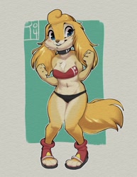 Size: 987x1280 | Tagged: safe, artist:reign-2004, oc, oc only, oc:dallas (reign-2004), canine, dog, mammal, anthro, plantigrade anthro, 2018, blue eyes, blushing, bottomwear, breasts, brown body, brown fur, clothes, collar, digital art, female, fur, looking at you, multicolored fur, shoes, smiling, smiling at you, solo, solo female, tail, topwear