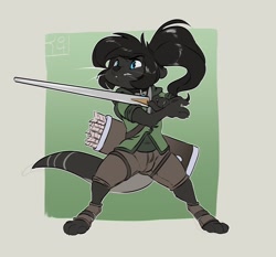 Size: 1280x1191 | Tagged: safe, artist:reign-2004, oc, oc only, mammal, mustelid, otter, anthro, digitigrade anthro, 2018, action pose, arrow, arrows, black body, black fur, black hair, blue eyes, bottomwear, clothes, commission, digital art, front view, fur, gray body, gray fur, gritted teeth, hair, legwear, male, multicolored fur, multicolored tail, pants, ponytail, quiver, solo, solo male, standing, sword, tail, teeth, topwear, weapon
