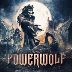 Size: 1400x1400 | Tagged: safe, artist:matthew greywolf, official art, canine, demon, fictional species, mammal, werewolf, anthro, feral, humanoid, powerwolf, album art, amber eyes, christianity, clothes, cover art, cross, crown, crucifix, detailed background, english text, fangs, flag, full moon, fur, group, heavy metal, jewelry, male, moon, muscles, muscular male, outdoors, priest, regalia, robe, rosary beads, sharp teeth, teeth