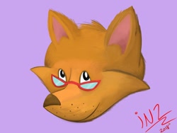 Size: 800x600 | Tagged: safe, artist:blissfulzane715, mrs. jenkins (timothy goes to school), canine, fox, mammal, red fox, ambiguous form, pbs, timothy goes to school, 2018, bust, female, front view, glasses, head only, looking at you, purple background, signature, simple background, smiling, solo, solo female, three-quarter view, vixen