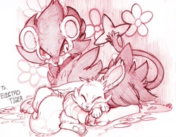 Size: 1280x996 | Tagged: safe, artist:burnbuckie, eevee, eeveelution, fictional species, luxray, mammal, feral, nintendo, pokémon, ambiguous gender, blushing, chest fluff, colored sclera, duo, duo ambiguous, eyes closed, flower, fluff, lying down, monochrome, paw pads, paws, prone, smiling, sweat, tail, text, tongue, tongue out, underpaw