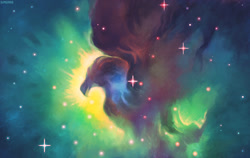 Size: 1280x811 | Tagged: safe, artist:burnbuckie, bird, feral, ambiguous gender, beak, nebula, solo, solo ambiguous, space, spread wings, stars, wings