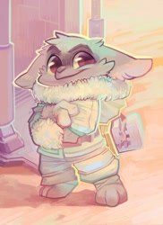 Size: 780x1070 | Tagged: safe, alternate version, artist:burnbuckie, oc, oc only, oc:buck (burnbuckie), mammal, anthro, barefoot, belt, cheek fluff, clothes, crossed arms, fluff, gloves, gnome, male, solo, solo male, wrench