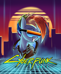 Size: 2000x2400 | Tagged: safe, alternate version, artist:rocket-lawnchair, rainbow dash (mlp), equine, mammal, pony, ambiguous form, cd projekt red, cyberpunk 2077, friendship is magic, hasbro, my little pony, 2020, bust, clothes, crossover, digital art, ears, eyelashes, female, front view, glasses, grin, hair, high res, logo, mare, rainbow hair, smiling, solo, solo female, sunglasses, synthwave sun, teeth, text, three-quarter view, vaporwave
