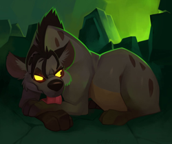 Size: 1280x1073 | Tagged: safe, artist:burnbuckie, shenzi (the lion king), hyena, mammal, feral, disney, the lion king, 2018, bags under eyes, colored sclera, commission, female, hair, licking, licking self, lying down, mane, paws, prone, signature, solo, solo female, stone, tongue, tongue out, yellow eyes, yellow sclera
