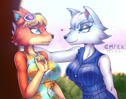 Size: 1782x1400 | Tagged: safe, artist:complextree, audie (animal crossing), whitney (animal crossing), canine, mammal, wolf, anthro, animal crossing, animal crossing: new horizons, nintendo, bedroom eyes, big breasts, black nose, blue body, blue eyes, blue fur, blurred background, blushing, breasts, cheek fluff, clothes, dress, duo, duo female, ear fluff, eye contact, eyebrows, eyelashes, female, female/female, fluff, fur, glasses, glasses on head, hair, heart, leaning, looking at each other, love heart, orange body, orange fur, outdoors, pale belly, shipping, sunglasses, sunglasses on head, sweat, yellow hair