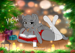 Size: 1992x1418 | Tagged: suggestive, artist:jerraldina, equine, human, mammal, pony, anthro, christmas, christmas lights, clothes, cookie, female, food, holiday, legwear, lights, lying down, lying on stomach, milk, on floor, sexy, solo, solo female, stockings, ych