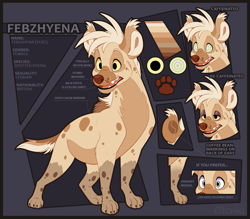 Size: 1145x1005 | Tagged: safe, artist:kitchiki, oc, oc only, oc:febzhyena (kitchiki), hyena, mammal, spotted hyena, feral, 2020, abstract background, brown body, brown fur, character name, color palette, cream hair, digital art, english text, female, front view, fur, open mouth, paw prints, paws, reference sheet, sharp teeth, side view, solo, solo female, standing, swirly eyes, tan body, tan fur, teeth, tongue, whiskers, yellow eyes