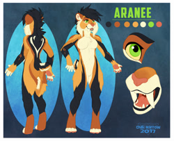 Size: 1280x1041 | Tagged: safe, artist:chibi-marrow, oc, oc only, oc:aranee, feline, mammal, saber-toothed cat, anthro, digitigrade anthro, 2017, abstract background, black body, black fur, black hair, breasts, brown body, brown fur, character name, cheek fluff, close-up, color palette, colored sclera, complete nudity, digital art, ear fluff, featureless breasts, featureless crotch, female, fluff, front view, fur, green eyes, hair, leg fluff, mane, nudity, orange body, orange fur, paws, pink nose, rear view, reference sheet, sabertooth (anatomy), short tail, signature, solo, solo female, standing, tail, teeth, three-quarter view, yellow sclera