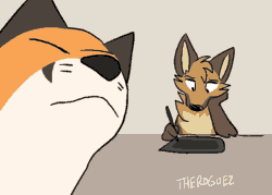 Size: 700x500 | Tagged: safe, artist:theroguez, oc, oc only, oc:foxfox (theroguez), oc:rayj (theroguez), canine, coydog, coyote, dog, fox, hybrid, mammal, red fox, anthro, feral, 2020, 2d, 2d animation, ambiguous gender, animated, black nose, brown body, brown fur, cat vibing to x, cream body, cream fur, drawing tablet, duo, featured image, female, frame by frame, fur, gif, loop, meme, orange body, orange fur, pen, signature, stylus, tablet, tan body, tan fur, white body, white fur