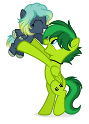 Size: 1741x2423 | Tagged: safe, artist:rioshi, artist:starshade, oc, oc only, oc:evergreen feathersong, equine, fictional species, mammal, pegasus, pony, feral, hasbro, my little pony, bipedal, commission, cutie mark, duo, female, holding, holding a pony, mare, paw prints, simple background, white background, ych result