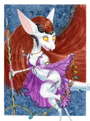 Size: 746x1000 | Tagged: suggestive, artist:dimasbka, oc, oc:dezora, fictional species, yinglet, semi-anthro, the out-of-placers, clothes, female, horns, lingerie, solo, solo female, spear, traditional art, underwear, weapon