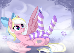 Size: 2364x1700 | Tagged: safe, artist:rioshi, artist:sparkling_light, artist:starshade, oc, oc only, oc:bay breeze, arthropod, butterfly, equine, fictional species, insect, mammal, pegasus, pony, feral, friendship is magic, hasbro, my little pony, bow, clothes, female, flower, hair bow, legwear, looking at something, mare, socks, solo, solo female, striped clothes, striped legwear, tail, tail bow, thigh highs, tree