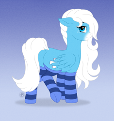 Size: 4017x4266 | Tagged: safe, artist:starshade, oc, oc only, oc:icy heart, equine, fictional species, mammal, pegasus, pony, feral, hasbro, my little pony, absurd resolution, clothes, cute, cutie mark, female, full body, gradient background, legwear, mare, smiling, socks, striped clothes, striped legwear, thigh highs