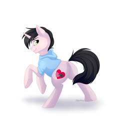 Size: 3500x3500 | Tagged: safe, artist:starshade, oc, oc only, oc:sucata, equine, fictional species, mammal, pony, unicorn, feral, hasbro, my little pony, clothes, cute, cutie mark, full body, high res, hoodie, male, simple background, smiling, solo, solo male, topwear, white background