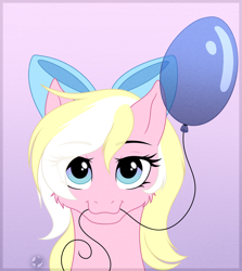 Size: 2857x3205 | Tagged: safe, artist:starshade, oc, oc only, oc:bay breeze, equine, fictional species, mammal, pegasus, pony, feral, hasbro, my little pony, balloon, bow, bust, female, gift art, gradient background, high res, holding, looking at you, mare, mouth hold, portrait, smiling, solo, solo female