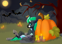 Size: 3500x2513 | Tagged: safe, artist:starshade, oc, oc only, oc:william, bat pony, equine, fictional species, mammal, pony, feral, friendship is magic, hasbro, my little pony, commission, cute, cutie mark, full body, halloween, high res, holiday, male, moon, night, pumpkin, starry eyes, vegetables, wingding eyes, ych result