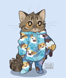 Size: 951x1114 | Tagged: safe, artist:ccrabapples, cat, feline, mammal, tabby cat, anthro, digitigrade anthro, blue background, kitten, pajamas, plushie, simple background, solo, young
