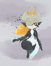 Size: 861x1100 | Tagged: safe, artist:yellowhellion, midna (zelda), fictional species, twili, humanoid, nintendo, the legend of zelda, the legend of zelda: twilight princess, breasts, fat, female, female focus, looking at you, overweight, slightly chubby, solo, solo female, solo focus, teeth, thick thighs, thighs, voluptuous, wide hips