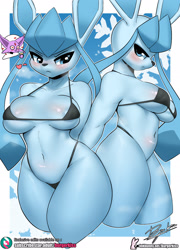 Size: 1500x2080 | Tagged: suggestive, artist:burgerkiss, eeveelution, espeon, fictional species, glaceon, mammal, anthro, nintendo, pokémon, big breasts, bikini, black nose, blushing, breasts, clothes, cloud, digital art, duo, ears, eyelashes, female, female/female, fur, heart, heart eyes, looking at you, pose, side view, sideboob, sky, speech bubble, swimsuit, tail, text, thighs, tsundere, wide hips, wingding eyes