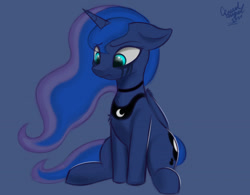 Size: 1280x996 | Tagged: safe, artist:ccruelangel, princess luna (mlp), alicorn, equine, fictional species, mammal, pony, feral, friendship is magic, hasbro, my little pony, 2020, blue body, blue fur, blue hair, crying, cutie mark, ethereal mane, eye through hair, feathered wings, feathers, female, folded wings, fur, hair, horn, jewelry, makeup, mare, necklace, peytral, running makeup, sad, sitting, solo, solo female, tail, teal eyes, wings