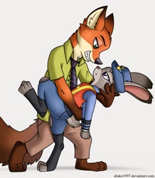 Size: 1114x1280 | Tagged: safe, artist:drako1997, judy hopps (zootopia), nick wilde (zootopia), canine, fox, lagomorph, mammal, rabbit, red fox, anthro, digitigrade anthro, plantigrade anthro, disney, zootopia, barefoot, bottomwear, butt, cheek fluff, chest, clothes, cream body, cream fur, duo, eye contact, eyelashes, face to face, female, fluff, fur, gloves (arm marking), gray body, gray fur, green eyes, grin, hand on back, hand on head, hat, leg in air, legwear, lidded eyes, male, male/female, necktie, not amused face, orange body, orange fur, pants, paws, police, police uniform, purple eyes, raised leg, shipping, shirt, short tail, side view, simple background, smiling, tail, teeth, toeless legwear, topwear, vest, white background, wildehopps (zootopia)