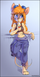 Size: 1068x2038 | Tagged: safe, artist:ramiras, gadget hackwrench (chip 'n dale: rescue rangers), mammal, mouse, rodent, anthro, chip 'n dale: rescue rangers, disney, belly button, blue eyes, breasts, cigarette, clothes, coverall, crop top, dirty, eyebrows, eyelashes, female, fur, goggles, goggles on head, hair, jumpsuit, leaning back, lighter, lollipop, long hair, looking at you, midriff, oil, orange hair, panties, shirt, signature, simple background, smoking, solo, solo female, standing, tail, tan body, tan fur, tank top, thong, topwear